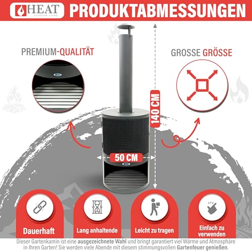 HEAT Outdoor Living Hamar Gartenkamin Schwarz - Terrassenofen - Feuerstelle für entspannte Abende - Feuersäule Outdoor - Terrassenkamin - Gartenofen aus hochwertigem Stahl - Schwarz - 47x47x148cm – Bild 2