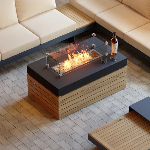 Homary Moderner Propangas-Feuerstelltisch Mit Glas-Windschutz Für Terrasse, Balkon & Garten – Eleganter Outdoor Couchtisch Mit Feuerstelle Aus Aluminiumlegierung