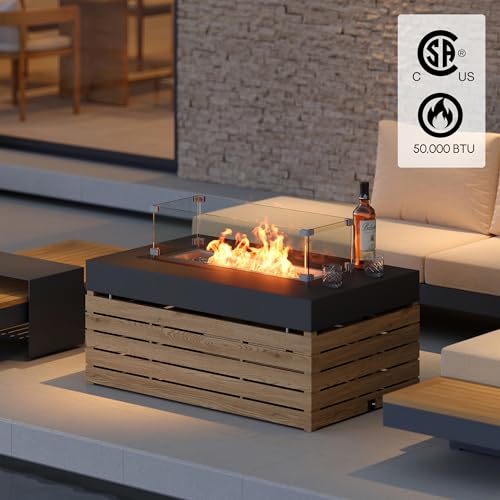 Homary Moderner Propangas-Feuerstelltisch Mit Glas-Windschutz Für Terrasse, Balkon & Garten – Eleganter Outdoor Couchtisch Mit Feuerstelle Aus Aluminiumlegierung – Bild 4