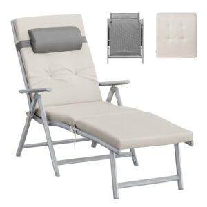 SONGMICS Sonnenliege, klappbar, Liegestuhl mit 6 cm dickem Polster, abnehmbares Kopfkissen, atmungsaktiv, einstellbare Rückenlehne, bis 150 kg belastbar, sandbeige GCB024WZ02