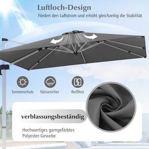 COSTWAY Sonnenschirm rechteckig 300 x 300 cm, großer Ampelschirm mit Kurbel, Gartenschirm neigbar, 360° drehbar, Terrassenschirm, Marktschirm für Garten, Terrasse, Balkon, Grau – Bild 2