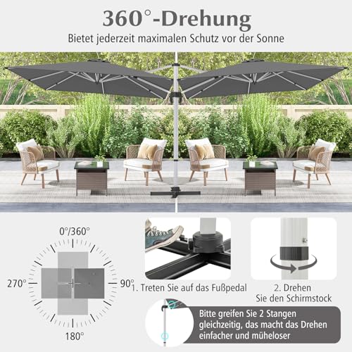 COSTWAY Sonnenschirm rechteckig 300 x 300 cm, großer Ampelschirm mit Kurbel, Gartenschirm neigbar, 360° drehbar, Terrassenschirm, Marktschirm für Garten, Terrasse, Balkon, Grau – Bild 4