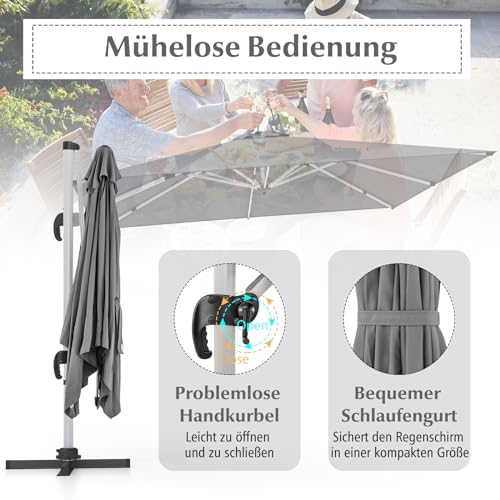 COSTWAY Sonnenschirm rechteckig 300 x 300 cm, großer Ampelschirm mit Kurbel, Gartenschirm neigbar, 360° drehbar, Terrassenschirm, Marktschirm für Garten, Terrasse, Balkon, Grau – Bild 6