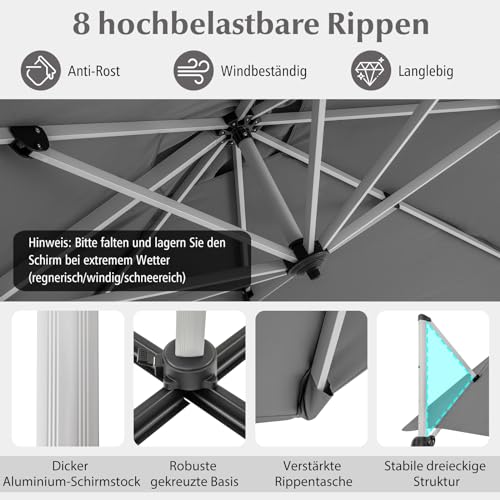 COSTWAY Sonnenschirm rechteckig 300 x 300 cm, großer Ampelschirm mit Kurbel, Gartenschirm neigbar, 360° drehbar, Terrassenschirm, Marktschirm für Garten, Terrasse, Balkon, Grau – Bild 7