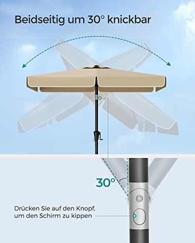 SONGMICS Sonnenschirm 200 x 150 cm, rechteckiger Balkonschirm, Sonnenschutz UPF 50 , beidseitig um 30° knickbar, für Garten, Terrasse, ohne Ständer, Taupe GPU048K01 – Bild 4