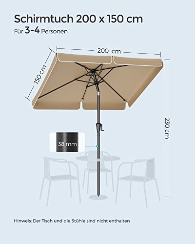 SONGMICS Sonnenschirm 200 x 150 cm, rechteckiger Balkonschirm, Sonnenschutz UPF 50 , beidseitig um 30° knickbar, für Garten, Terrasse, ohne Ständer, Taupe GPU048K01 – Bild 7
