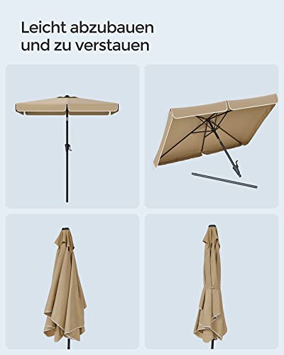 SONGMICS Sonnenschirm 200 x 150 cm, rechteckiger Balkonschirm, Sonnenschutz UPF 50 , beidseitig um 30° knickbar, für Garten, Terrasse, ohne Ständer, Taupe GPU048K01 – Bild 8