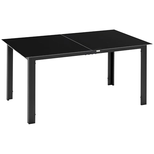 Outsunny Gartentisch Aluminium 150 x 90 cm Wetterfest Balkontisch mit Glas-Tischplatte, Buffettisch Campingtisch für 6 Personen Terrassentisch Outdoor Esstisch für Garten, Terrasse Balkon Schwarz