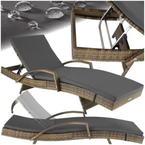 tectake® Polyrattan Sonnenliege, Gartenliege mit 5-Fach Verstellbarer Rückenlehne, wetterfest, Outdoor Relaxliege mit weicher Polsterauflage, Rattanliege für Garten, Balkon und Terrasse - Natur
