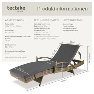 Alternative view of tectake® Polyrattan Sonnenliege, Gartenliege mit 5-Fach Verstellbarer Rückenlehne, wetterfest, Outdoor Relaxliege mit weicher Polsterauflage, Rattanliege für Garten, Balkon und Terrasse - Natur