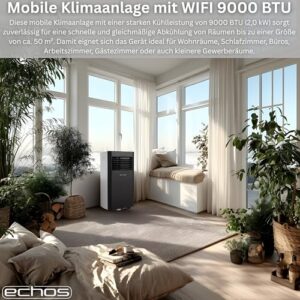 Alternative view of Echos® Klimaanlage mobil mit Abluftschlauch, Wi Fi & Fensterabdichtung – Mobile Klimaanlage 9000 BTU - App/WLAN Steuerung | Fernbedienung & 24 h Timer | Luftkühler, Luftentfeuchter & Ventilator