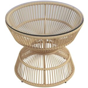 Outsunny Beistelltisch Rattan, Ø60 cm Couchtisch Gartentisch mit Tischplatte aus Hartglas, Balkontisch im Boho-Design, Kaffeetisch für Garten, Balkon, Naturholz