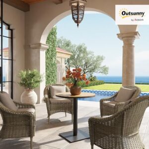 Alternative view of Outsunny Gartentisch Ø70 cm, Wetterfest Rund Balkontisch mit Lamelldesign, Stahl Esstisch Outdoor, Campingtisch Beistelltisch, Terrassentisch für Garten Terrasse Balkon Naturholz