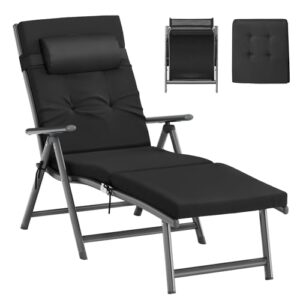 SONGMICS Sonnenliege, klappbar, Liegestuhl mit 6 cm dickem Polster, abnehmbares Kopfkissen, atmungsaktiv, einstellbare Rückenlehne, bis 150 kg belastbar, schwarz GCB24BK