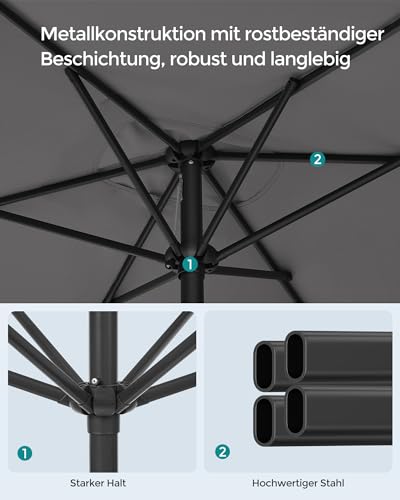 SONGMICS Sonnenschirm 300 x 200 cm, rechteckiger Balkonschirm, Sonnenschutz UPF 50 , beidseitig um 30° knickbar, für Garten, Terrasse, ohne Ständer, grau GPU058G01 – Bild 6
