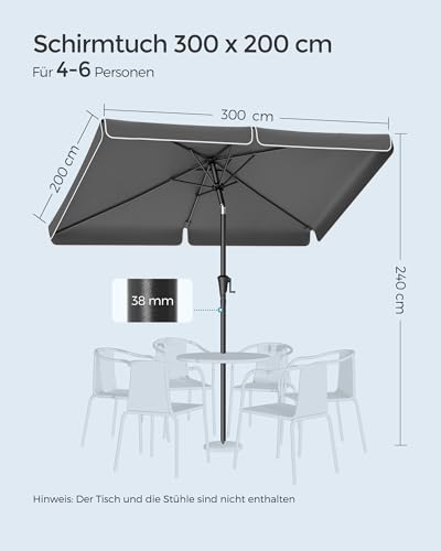 SONGMICS Sonnenschirm 300 x 200 cm, rechteckiger Balkonschirm, Sonnenschutz UPF 50 , beidseitig um 30° knickbar, für Garten, Terrasse, ohne Ständer, grau GPU058G01 – Bild 7