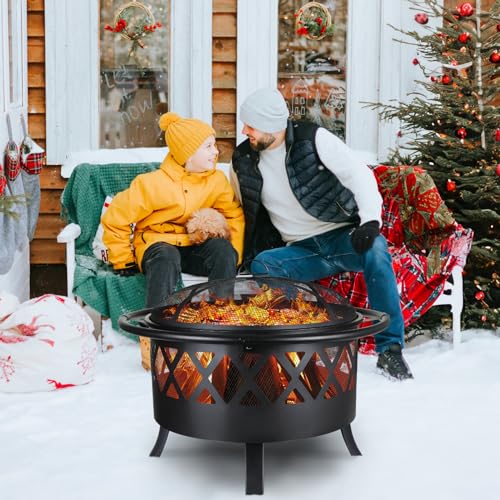 TLSUNNY Feuerschale, Feuerschalen für den Garten, Ø 81cm Feuerschale mit Funkenschutz und Schürhaken, Feuerkorb mit Grillrost(Ø 58cm), BBQ Feuerstelle Outdoor, für Gartengrills, Campingheizung, Groß – Bild 2