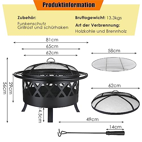TLSUNNY Feuerschale, Feuerschalen für den Garten, Ø 81cm Feuerschale mit Funkenschutz und Schürhaken, Feuerkorb mit Grillrost(Ø 58cm), BBQ Feuerstelle Outdoor, für Gartengrills, Campingheizung, Groß – Bild 3