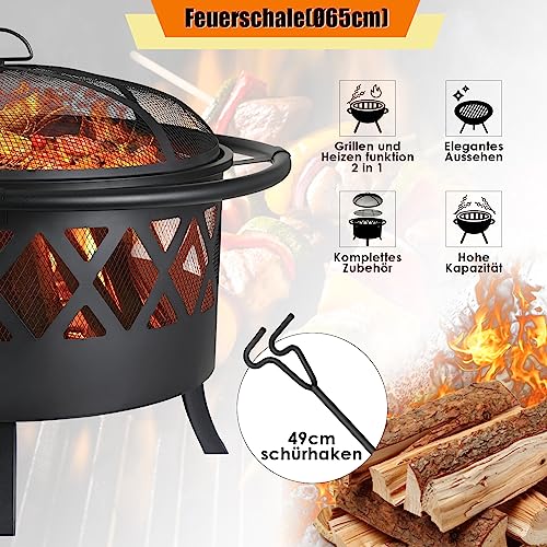 TLSUNNY Feuerschale, Feuerschalen für den Garten, Ø 81cm Feuerschale mit Funkenschutz und Schürhaken, Feuerkorb mit Grillrost(Ø 58cm), BBQ Feuerstelle Outdoor, für Gartengrills, Campingheizung, Groß – Bild 4