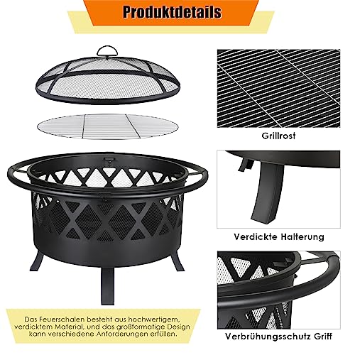 TLSUNNY Feuerschale, Feuerschalen für den Garten, Ø 81cm Feuerschale mit Funkenschutz und Schürhaken, Feuerkorb mit Grillrost(Ø 58cm), BBQ Feuerstelle Outdoor, für Gartengrills, Campingheizung, Groß – Bild 5