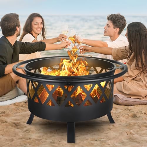 TLSUNNY Feuerschale, Feuerschalen für den Garten, Ø 81cm Feuerschale mit Funkenschutz und Schürhaken, Feuerkorb mit Grillrost(Ø 58cm), BBQ Feuerstelle Outdoor, für Gartengrills, Campingheizung, Groß – Bild 7