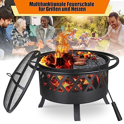 TLSUNNY Feuerschale, Feuerschalen für den Garten, Ø 81cm Feuerschale mit Funkenschutz und Schürhaken, Feuerkorb mit Grillrost(Ø 58cm), BBQ Feuerstelle Outdoor, für Gartengrills, Campingheizung, Groß – Bild 8