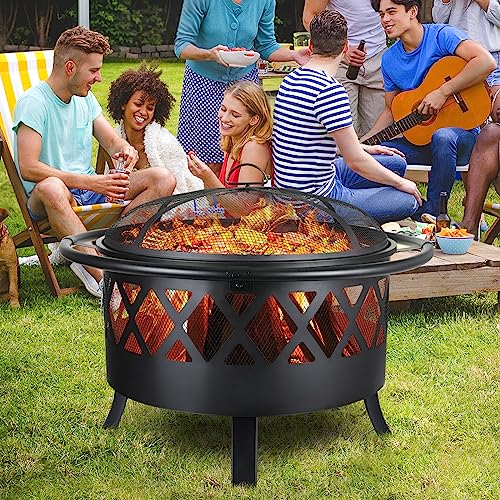 TLSUNNY Feuerschale, Feuerschalen für den Garten, Ø 81cm Feuerschale mit Funkenschutz und Schürhaken, Feuerkorb mit Grillrost(Ø 58cm), BBQ Feuerstelle Outdoor, für Gartengrills, Campingheizung, Groß – Bild 9
