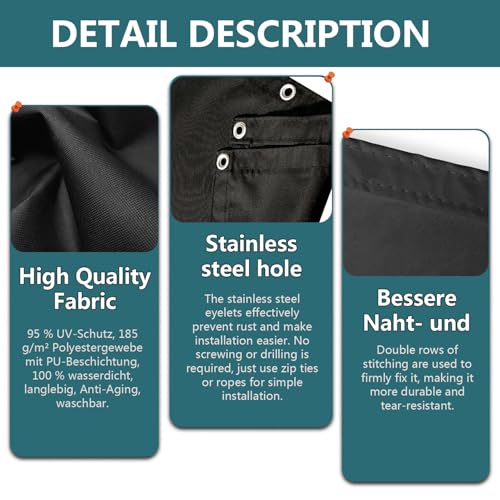 Sonnensegel wasserdicht rechteckig 3x3M, Sonnenschutz Terrasse UV-Schutz, wetterfest, ohne Bohren, 100% Polyester Schattierungsnetz mit Ösen und Seil für Pergola, Anthrazit – Bild 4