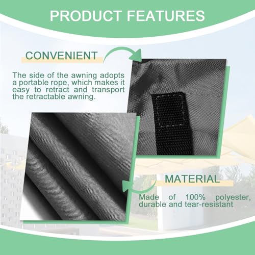 Einziehbar Welle Sonnensegel 150x500cm(BxL) Verstellbar Schattenabdeckung Sonnenschutz Wasserdicht Outdoor Pergola UV-beständig Markise Anwendbar auf Terrasse Garten Dunkelgrau – Bild 5