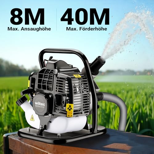 Wiltec Benzin Wasserpumpe 1,4 kW Gartenpumpe mit 15 m³/h Durchfluss, Garten Pumpe mit 2-Takt-Motor, Motorpumpe zur Bewässerung und zum Aus- bzw. Abpumpen – Bild 2