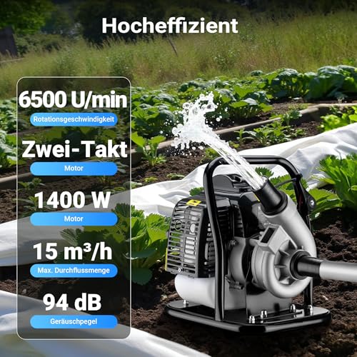 Wiltec Benzin Wasserpumpe 1,4 kW Gartenpumpe mit 15 m³/h Durchfluss, Garten Pumpe mit 2-Takt-Motor, Motorpumpe zur Bewässerung und zum Aus- bzw. Abpumpen – Bild 4