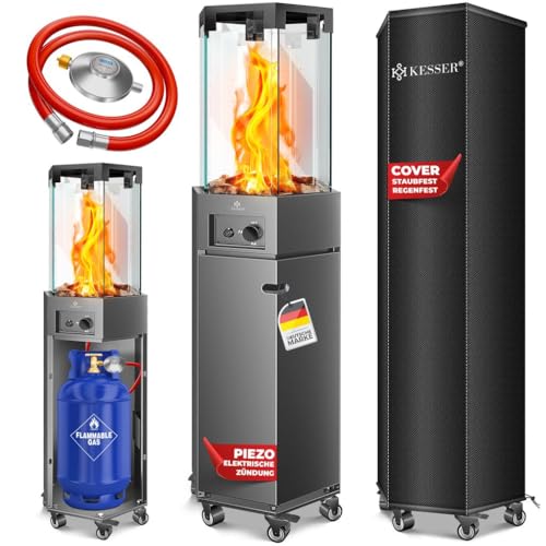 KESSER® Gasheizstrahler 4/8 kW Gas Piezozündung Heizung Gasdruckregler Cover, 360° Rollen Kippschutz, Terrassenheizstrahler Gasheizung Gasheizer Outdoor Kamin Mobiler Heizpilz, Heizer, Anthrazit