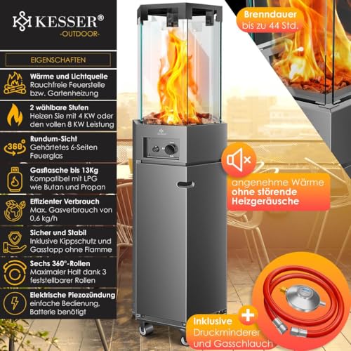 KESSER® Gasheizstrahler 4/8 kW Gas Piezozündung Heizung Gasdruckregler Cover, 360° Rollen Kippschutz, Terrassenheizstrahler Gasheizung Gasheizer Outdoor Kamin Mobiler Heizpilz, Heizer, Anthrazit – Bild 2