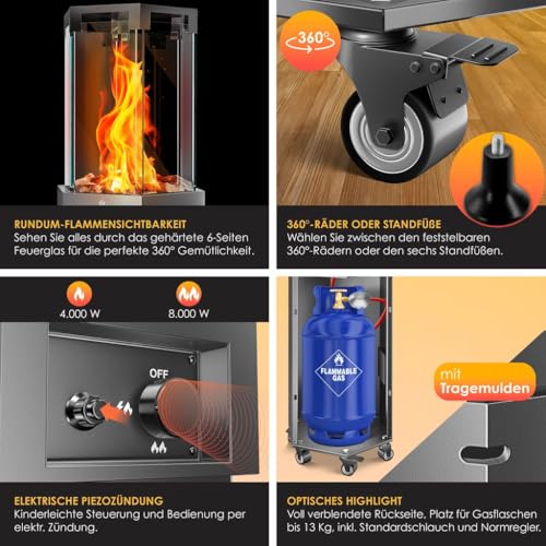 KESSER® Gasheizstrahler 4/8 kW Gas Piezozündung Heizung Gasdruckregler Cover, 360° Rollen Kippschutz, Terrassenheizstrahler Gasheizung Gasheizer Outdoor Kamin Mobiler Heizpilz, Heizer, Anthrazit – Bild 3