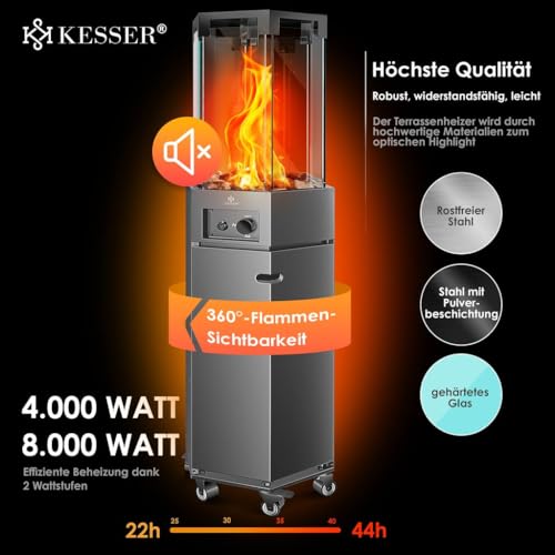 KESSER® Gasheizstrahler 4/8 kW Gas Piezozündung Heizung Gasdruckregler Cover, 360° Rollen Kippschutz, Terrassenheizstrahler Gasheizung Gasheizer Outdoor Kamin Mobiler Heizpilz, Heizer, Anthrazit – Bild 6