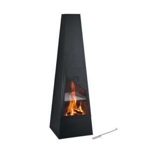 Relaxdays Gartenkamin mit Grillfunktion, HBT: 149x44,5x44,5 cm, Funkenschutz, Aschekasten & Schürhaken, Kamin, schwarz