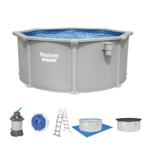 Bestway® Hydrium™ Stahlwandpool Ø 305 x 122 cm, rund Granitgrau – Komplett-Set mit Sandfilteranlage 3.596 l/h, Skimmer, Leiter, Abdeckplane, ChemConnect, 7.630 L Aufstellpool