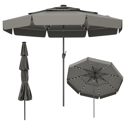 COSTWAY 300 cm Sonnenschirm mit LED-Beleuchtung, 3-stöckiger Gartenschirm mit Kurbel und Volant, beidseitig um 35° knickbar, Terrassenschirm windfest stabil, Marktschirm für Garten, Balkon (Grau)