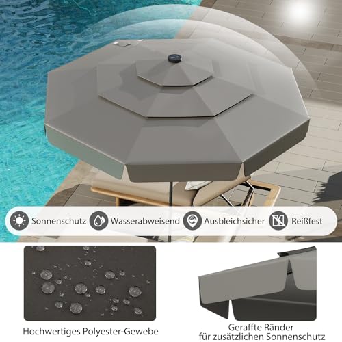 COSTWAY 300 cm Sonnenschirm mit LED-Beleuchtung, 3-stöckiger Gartenschirm mit Kurbel und Volant, beidseitig um 35° knickbar, Terrassenschirm windfest stabil, Marktschirm für Garten, Balkon (Grau) – Bild 4
