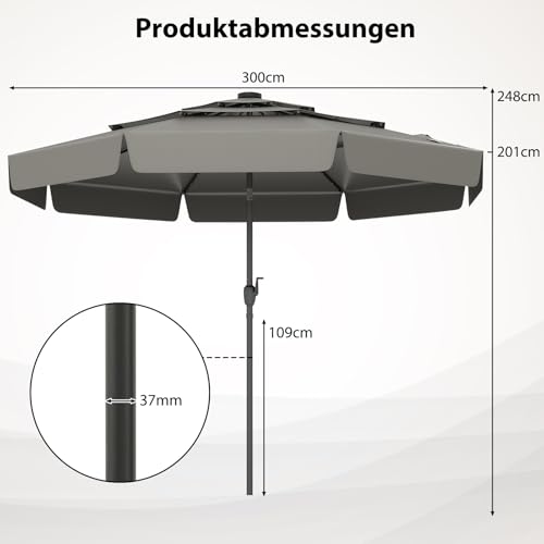 COSTWAY 300 cm Sonnenschirm mit LED-Beleuchtung, 3-stöckiger Gartenschirm mit Kurbel und Volant, beidseitig um 35° knickbar, Terrassenschirm windfest stabil, Marktschirm für Garten, Balkon (Grau) – Bild 5