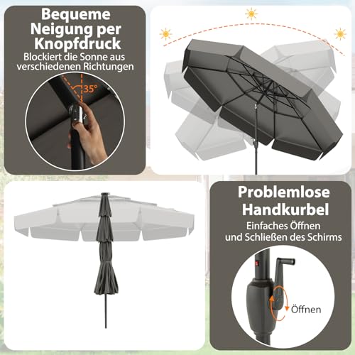 COSTWAY 300 cm Sonnenschirm mit LED-Beleuchtung, 3-stöckiger Gartenschirm mit Kurbel und Volant, beidseitig um 35° knickbar, Terrassenschirm windfest stabil, Marktschirm für Garten, Balkon (Grau) – Bild 6