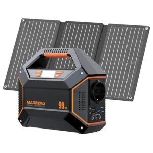 MARBERO Tragbarer Stromgenerator 99Wh 27.000mAh mit 30W Solarpanel, Powerbank mit max. 150W AC-Steckdose, LED SOS-Lampe – ideal für Camping, Notfälle, Haushalt, Reisen und Beruf