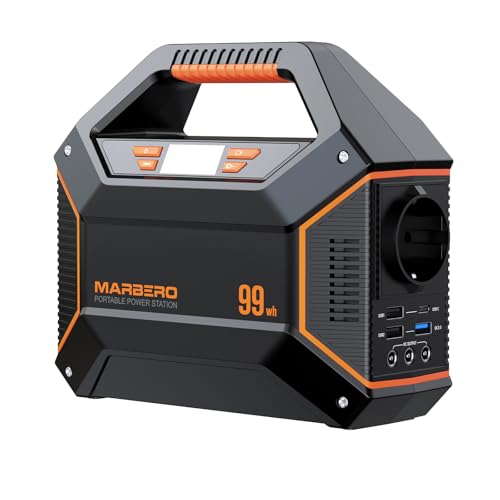 MARBERO Tragbarer Stromgenerator 99Wh 27.000mAh Powerbank mit max. 150W AC-Steckdose, Not-LED-Lampe mit SOS-Funktion – für Camping, Notfälle, Haushalt, Reisen und Beruf