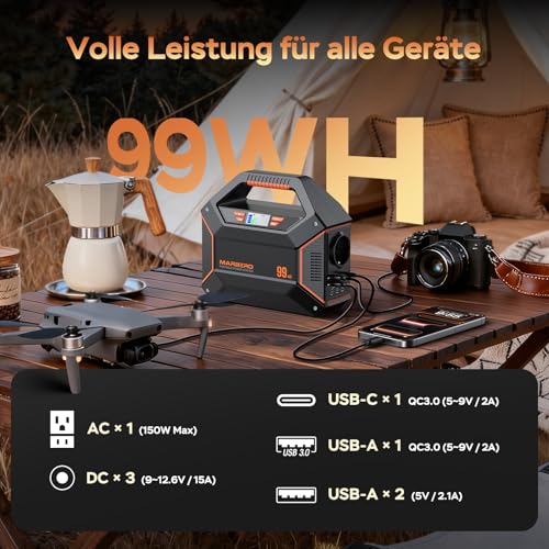 MARBERO Tragbarer Stromgenerator 99Wh 27.000mAh Powerbank mit max. 150W AC-Steckdose, Not-LED-Lampe mit SOS-Funktion – für Camping, Notfälle, Haushalt, Reisen und Beruf – Bild 2