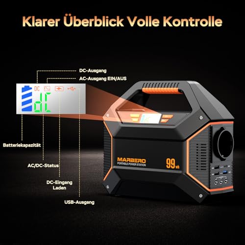MARBERO Tragbarer Stromgenerator 99Wh 27.000mAh Powerbank mit max. 150W AC-Steckdose, Not-LED-Lampe mit SOS-Funktion – für Camping, Notfälle, Haushalt, Reisen und Beruf – Bild 3
