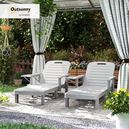 Outsunny 2er Set Sonnenliege Gartenliege mit Seitentisch Holzoptik Liegestuhl mit 5-Fach verstellbare Rückenlehne, wetterfeste Gartenstuhl bis 120 kg belast, für Garten Outdoor Strand, Hellgrau – Bild 2