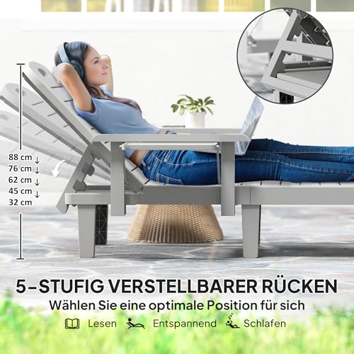 Outsunny 2er Set Sonnenliege Gartenliege mit Seitentisch Holzoptik Liegestuhl mit 5-Fach verstellbare Rückenlehne, wetterfeste Gartenstuhl bis 120 kg belast, für Garten Outdoor Strand, Hellgrau – Bild 4