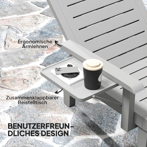 Outsunny 2er Set Sonnenliege Gartenliege mit Seitentisch Holzoptik Liegestuhl mit 5-Fach verstellbare Rückenlehne, wetterfeste Gartenstuhl bis 120 kg belast, für Garten Outdoor Strand, Hellgrau – Bild 5