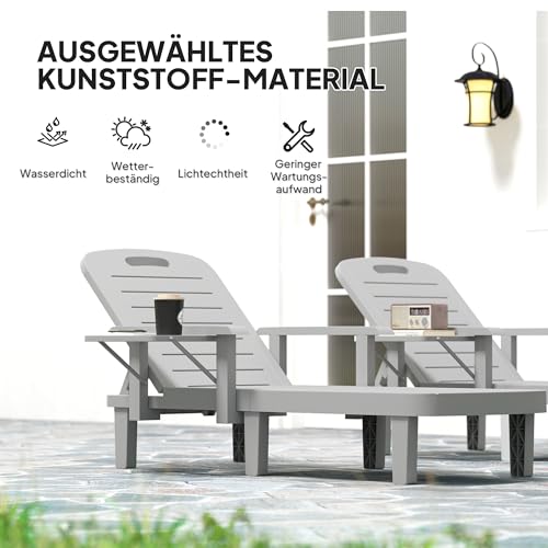 Outsunny 2er Set Sonnenliege Gartenliege mit Seitentisch Holzoptik Liegestuhl mit 5-Fach verstellbare Rückenlehne, wetterfeste Gartenstuhl bis 120 kg belast, für Garten Outdoor Strand, Hellgrau – Bild 6