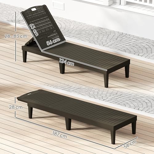 Outsunny 2er Set Sonnenliege wetterfest Gartenliege mit 4-Fach höhenverstellbarer Rückenlehne bis 120kg belastbar Outdoor Liegestuhl Gartenmöbel Strandliege Relaxliege für Pool, Strand Schwarz – Bild 3